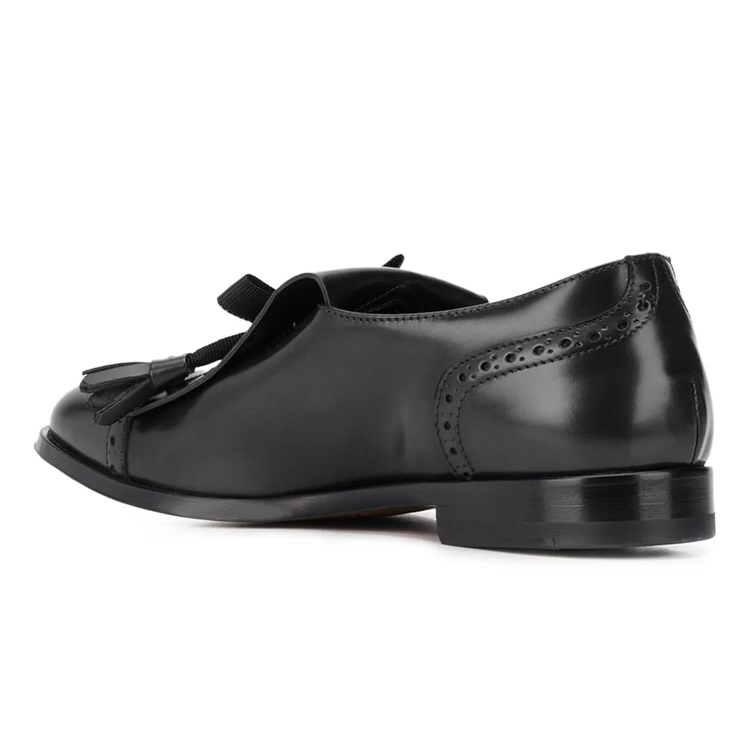 Black Vegan Leather Round Toe Fringe Bow Inlay Women's Loafers