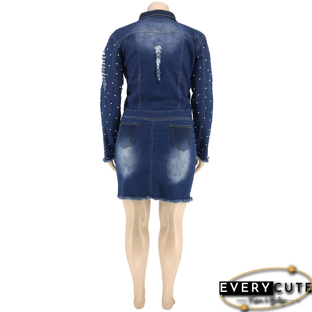 Women Broken Holes Nail Bead Skinny Denim Skirts Plus Size 2 Pieces Set