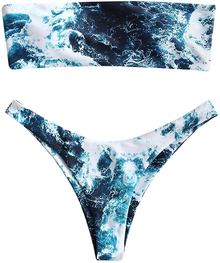 Women's Bandeau Bikini Set Sea Print Padded Two Piece Swimsuits