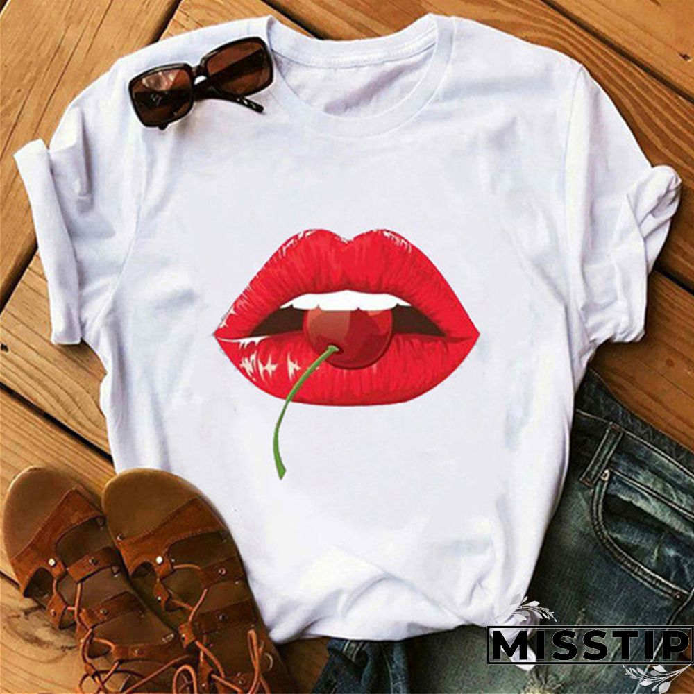 Red Fashion Casual Lips Printed Basic O Neck Tops