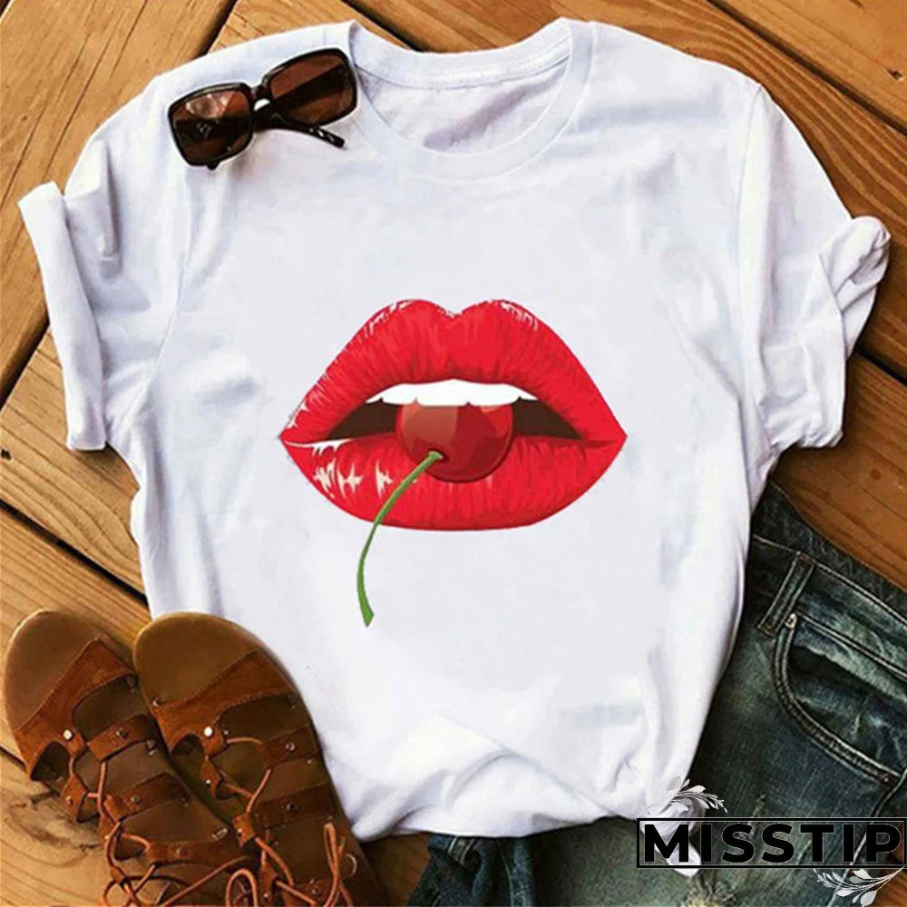 Red Fashion Casual Lips Printed Basic O Neck Tops