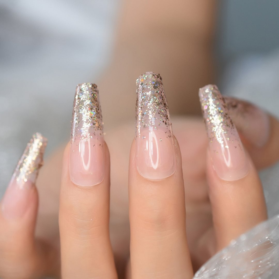 super long nails coffin XXL manicure with golden glitter tops press on nail tips nude fingernail