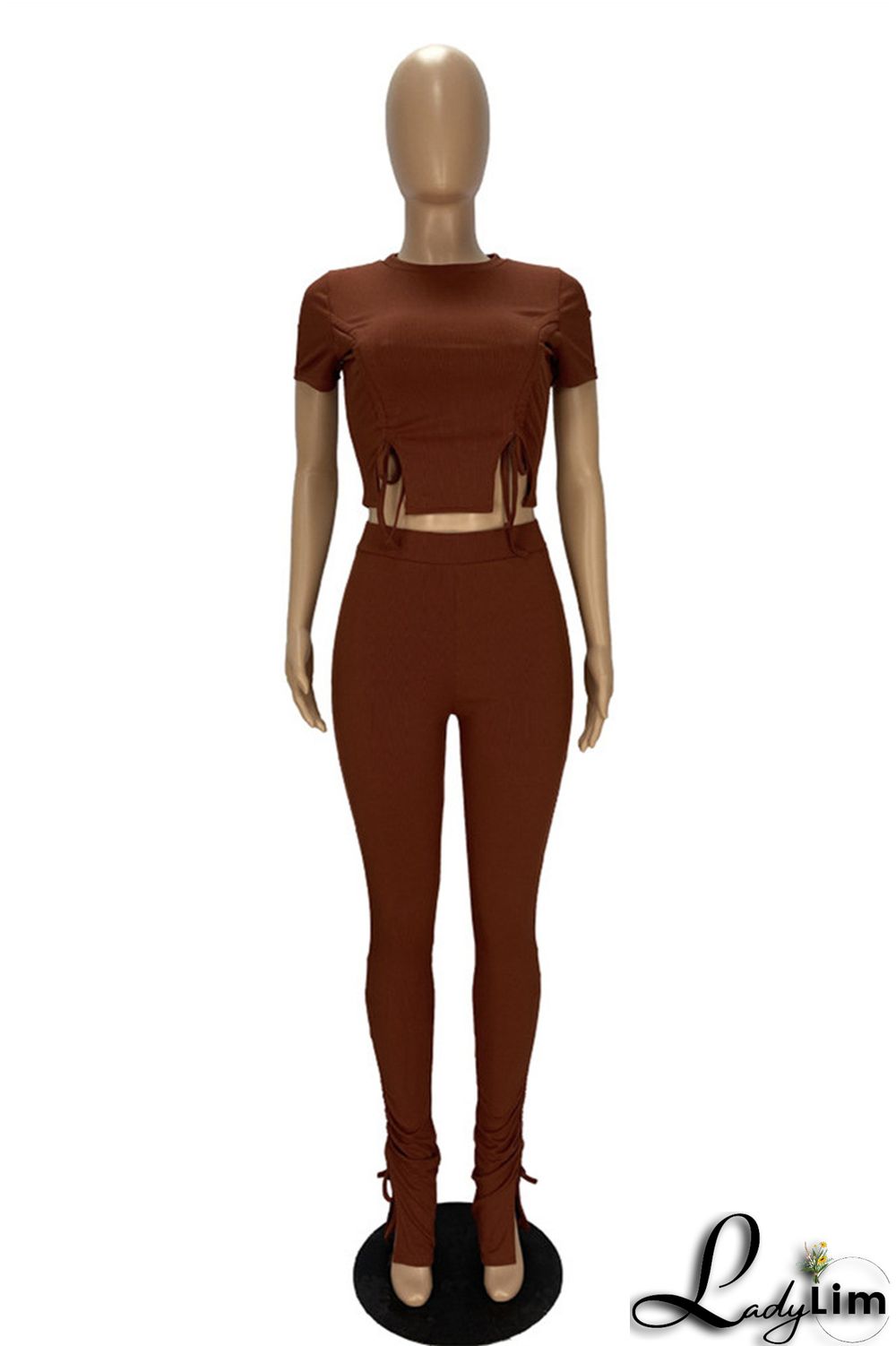 Khaki Fashion Casual Solid Draw String Frenulum O Neck Short Sleeve Two Pieces