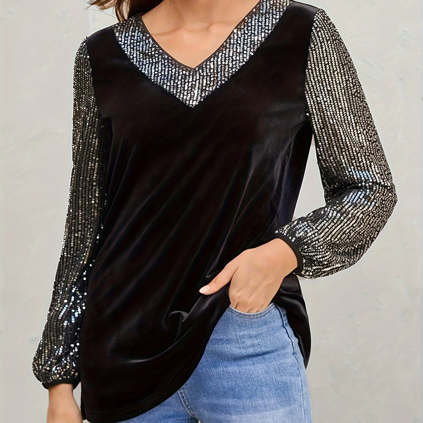 Sequin Decor V Neck T-Shirt, Casual Long Sleeve T-Shirt For Spring & Fall, Women's Clothing