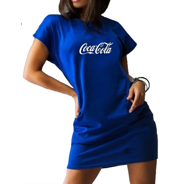 Coca Cola Printed Women Fashion Mini Dress Short Sleeve Short Dress Party Style Ice silk Slim Skirt S-XXL