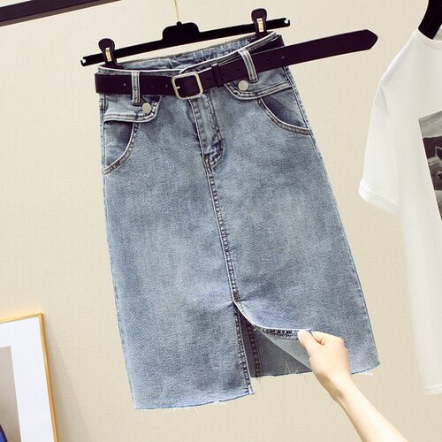 Ailegogo 2021 New Spring Summer Women Solid Denim Skirt Casual Retro High Waist A-line Skirt with Belt Slim Medium Length Skirts