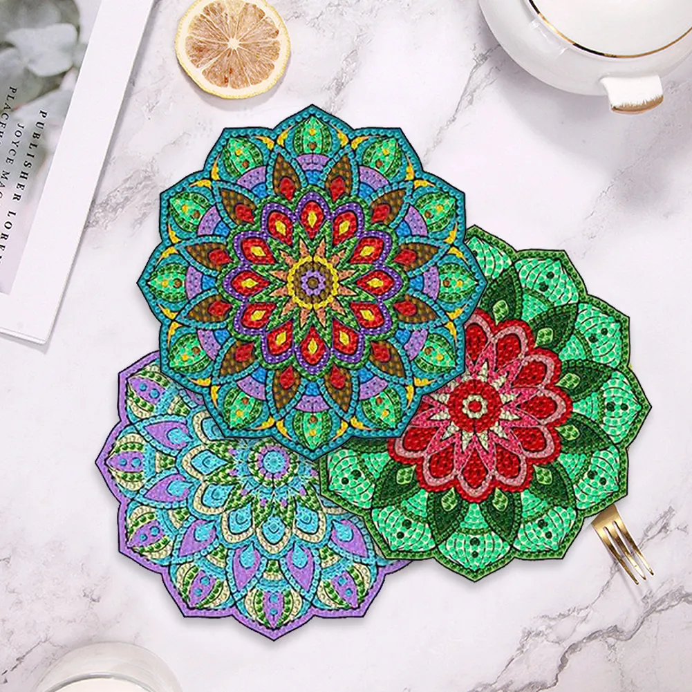 4Pcs Wooden Diamond Painting Placemats Round Diamond Art Table Mats (Mandala)