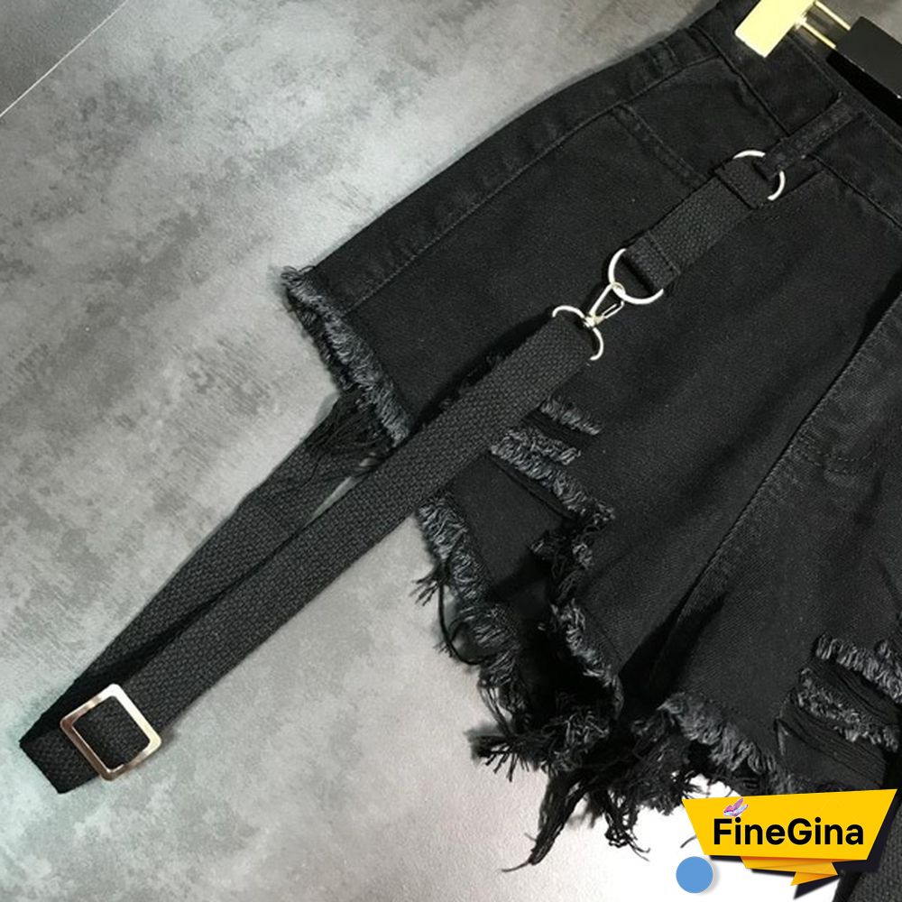 Women Denim Hot Pants Shorts Mini Jeans Rivet Removable Strap Tassels Gothic Punk Sexy