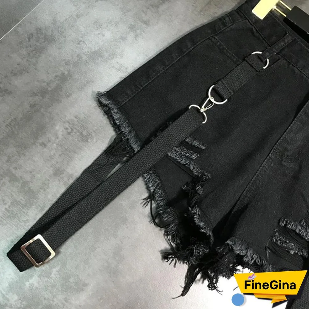 Women Denim Hot Pants Shorts Mini Jeans Rivet Removable Strap Tassels Gothic Punk Sexy