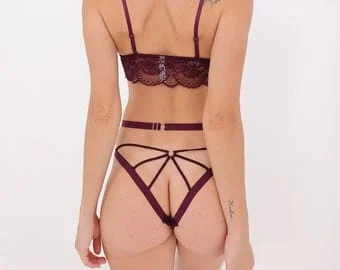 pornhint Pornhint Crotchless Panties with Adjustable Straps, Burgundy Open Back Ouvert Panty, Cut-out Back Strappy Thong, Sexy Valentines Day Gift for her