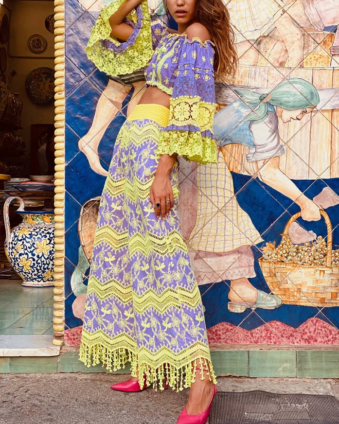 Long-sleeved fringed top + skirt pants suit
