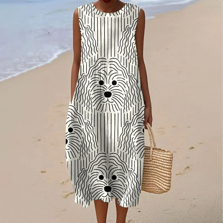 Women's Retro Line Dog Art Print Sleeveless Dress