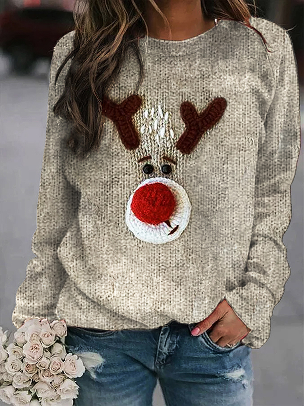 Women's Cute Elk Features Knitted Pattern Print Casual Sweatshirt