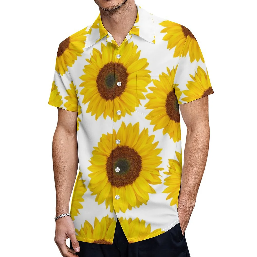 Short Sleeve Yellow Sunflower Hawaiian Shirt Mens Button Down Plus Size Tropical Hawaii Beach Shirts