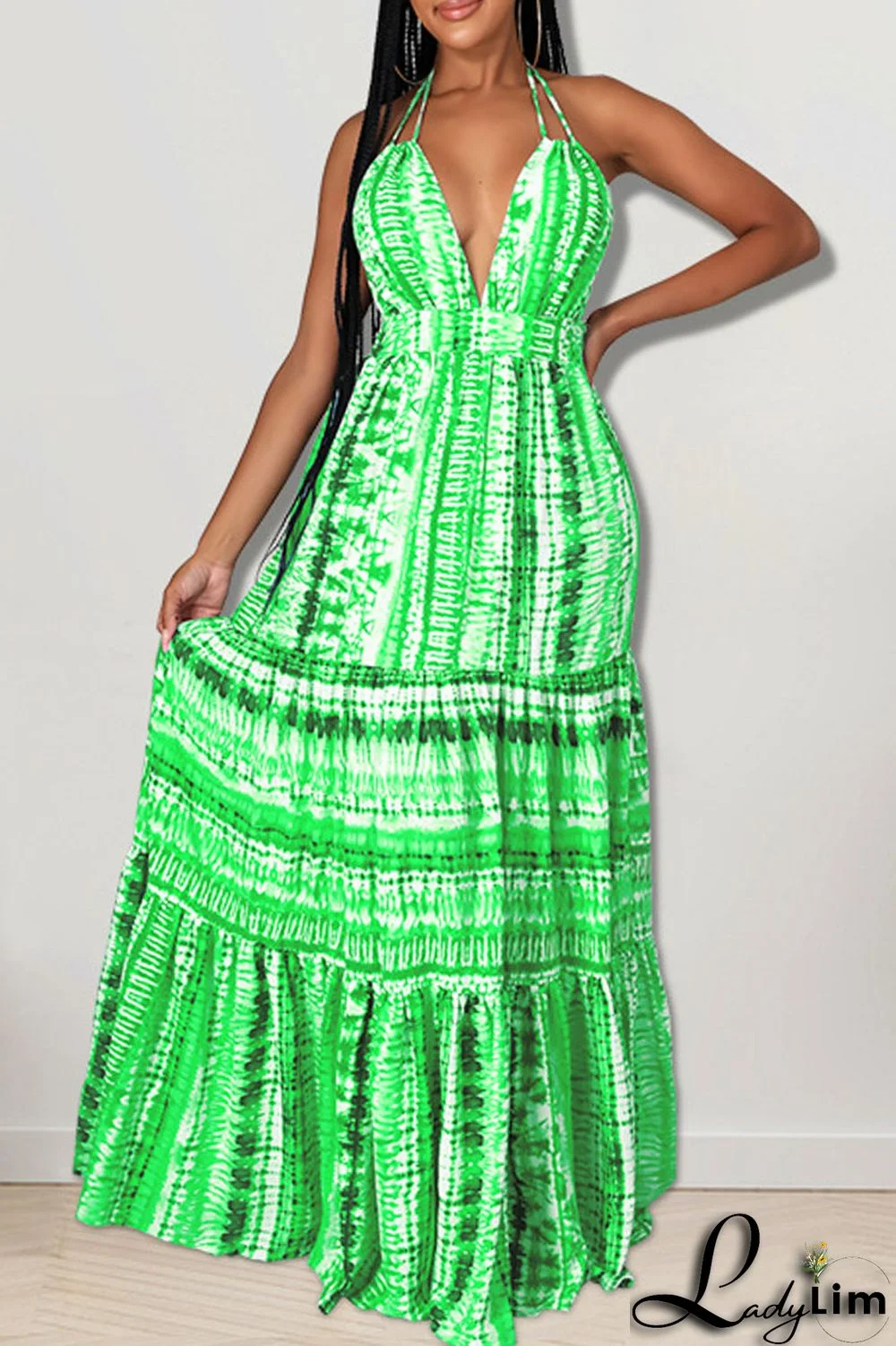 Green Sexy Print Patchwork Backless Halter Straight Dresses