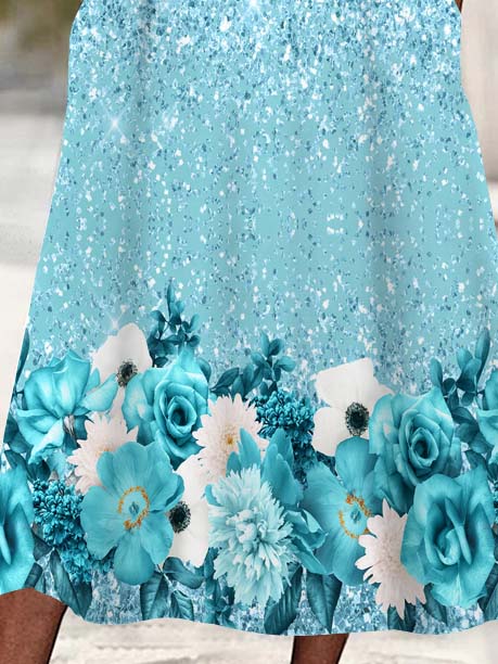 Women's 3/4 Sleeve Scoop Neck Floral Printed Lace Stitching Midi Dress