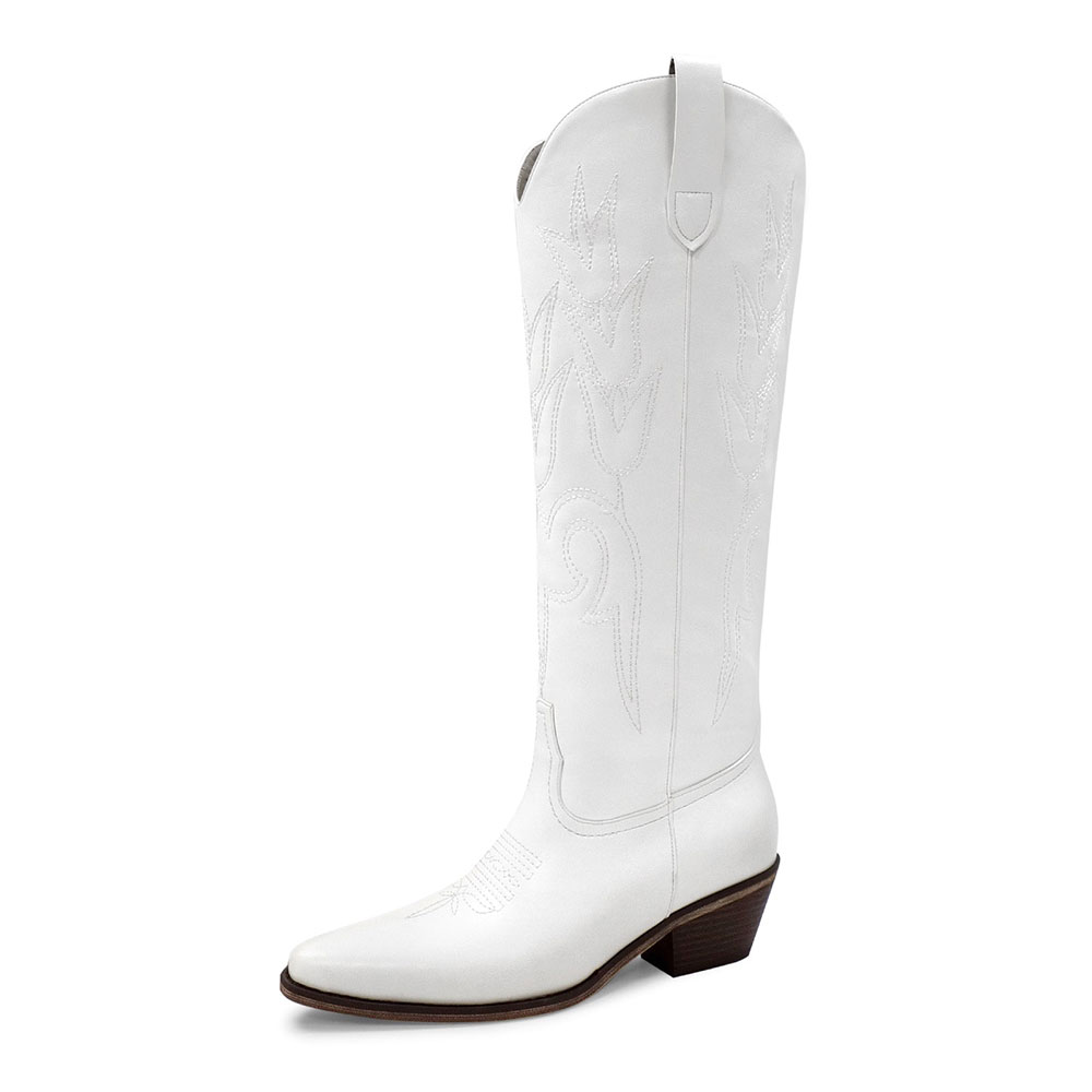 White Tulip Stitching Pointed Toe Chunky Heel Knee-High Cowgirl Boots Nicepairs