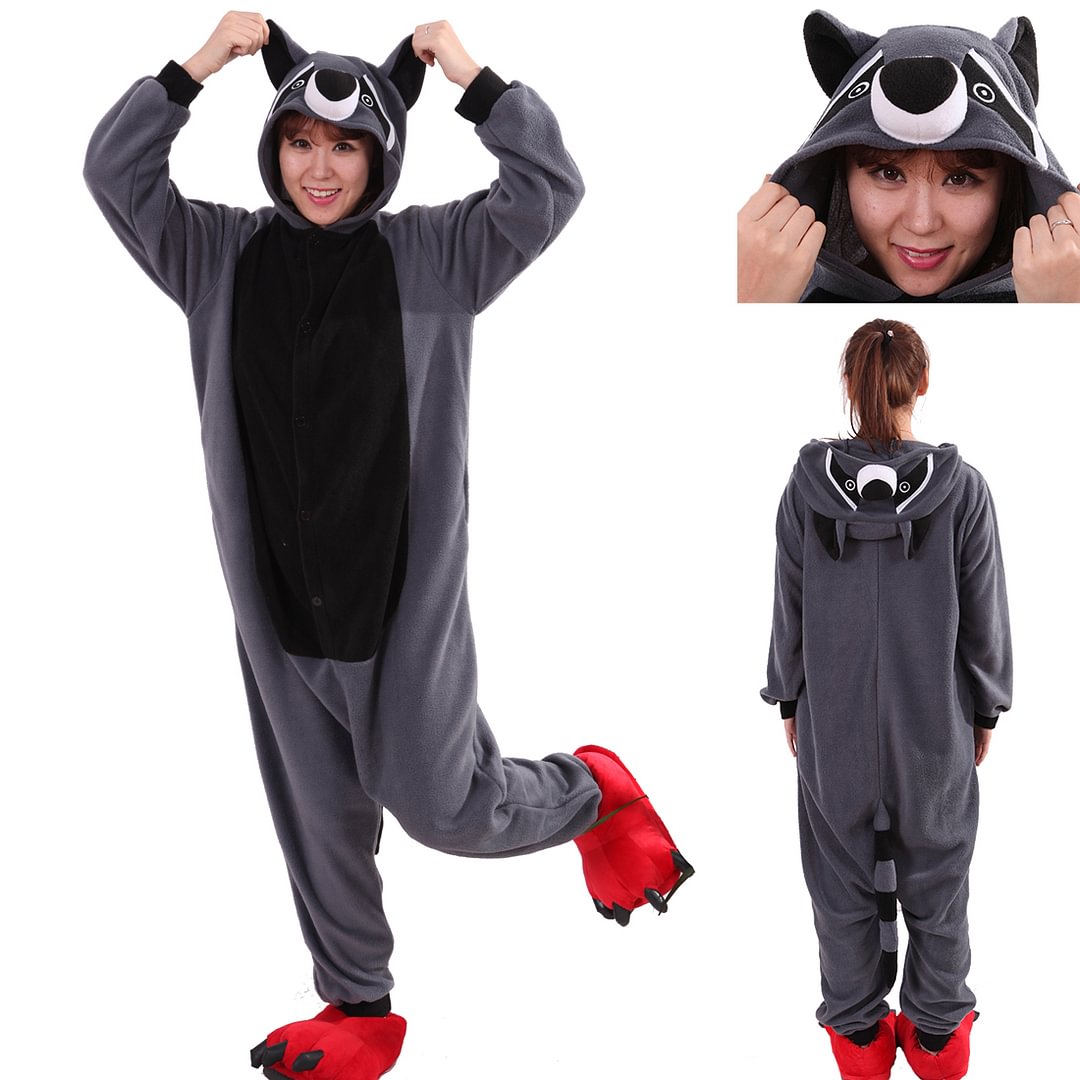 Grey Coon Racoon Kigurumi Animal Onesies Costume Pajamas-Pajamasbuy