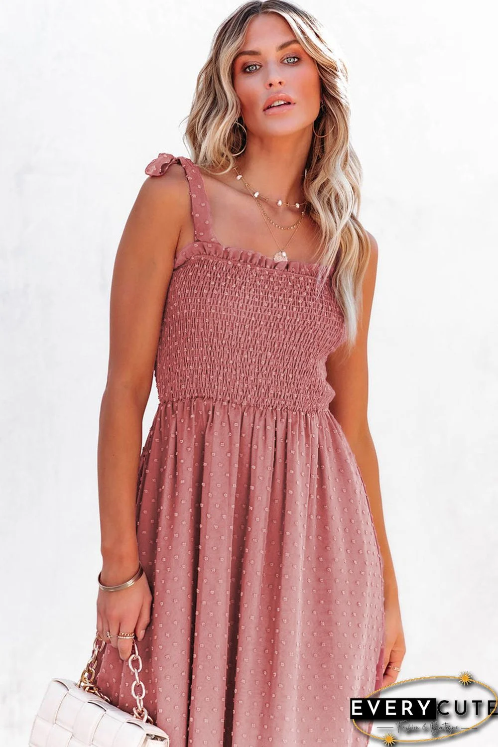 Red Smocked Swiss Dot Maxi Dress