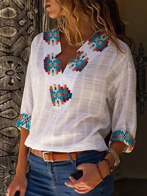 Aztec Print Casual 3/4 Sleeve V-Neck Shirts & Tops