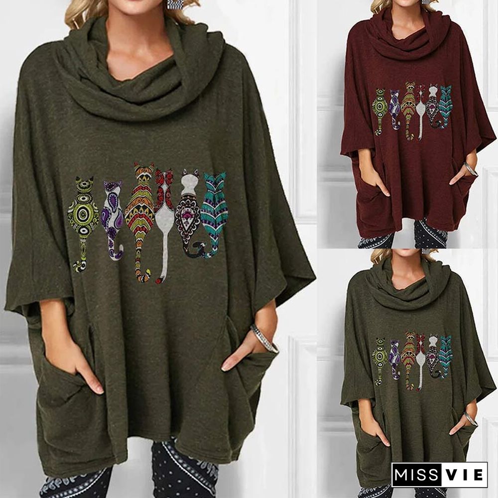 Cartoon Kitty Print Pocket Loose Shirt