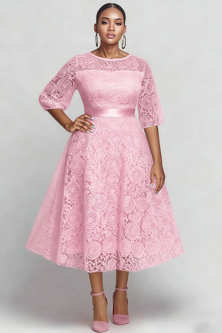 Xpluswear Design Plus Size Wedding Guest Pink Round Neck Puff Sleeve Half Sleeve 3D Elegant See Through Midi Dresses [Pre-Order]