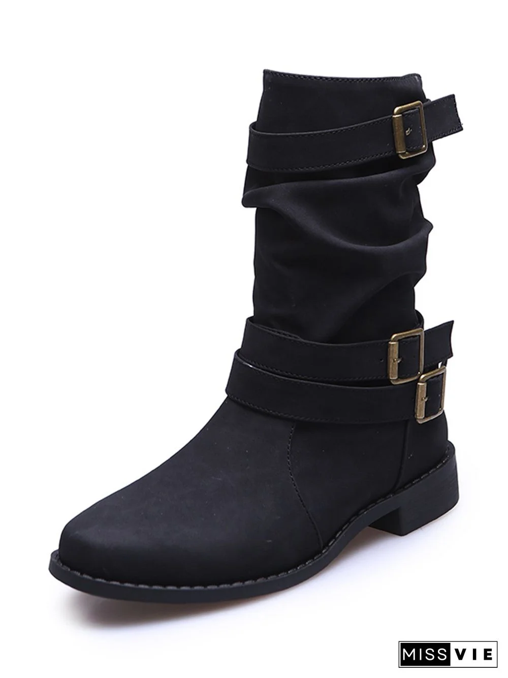 Ruched Buckle Casual Leather Booties