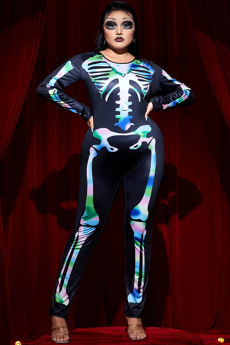 Xpluswear Design Plus Size Halloween Costume Skeleton Print Long Sleeve Round Neck Jumpsuit 