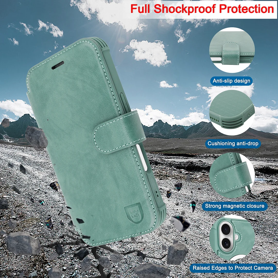 VANAVAGY Compatible for iPhone 16 Wallet Case for Magsafe Wireless Charging,Leather Flip Folio Wrist [Glass Screen Protectors & Camera Lens Protectors] with RFID Block Card Holder