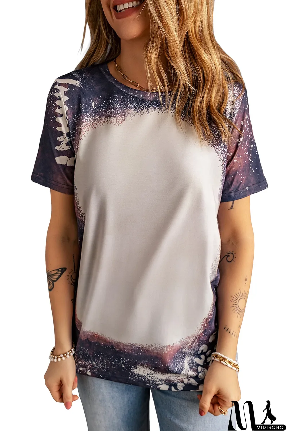 MidiSono - Blank Apparel - Multicolor Crew Neck Bleached Tie-dye Basic Tee