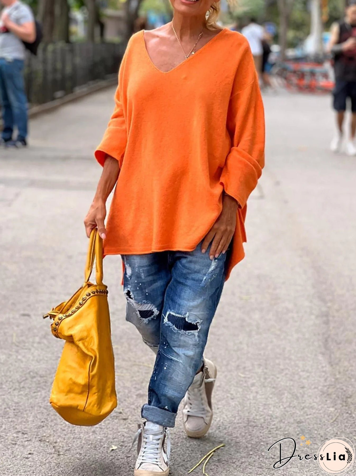 V Neck Knit Sweater, Casual Long Sleeve Dipped Hem Oversized Sweater, Women's Clothing