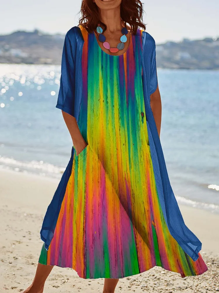 Women's Rainbow Aurora Print Two Piece Casual Midi Dresses socialshop