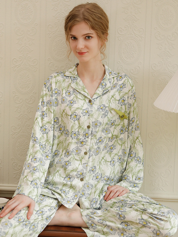 Shawl Collar Simple Floral Long Sleeve Pajama Set