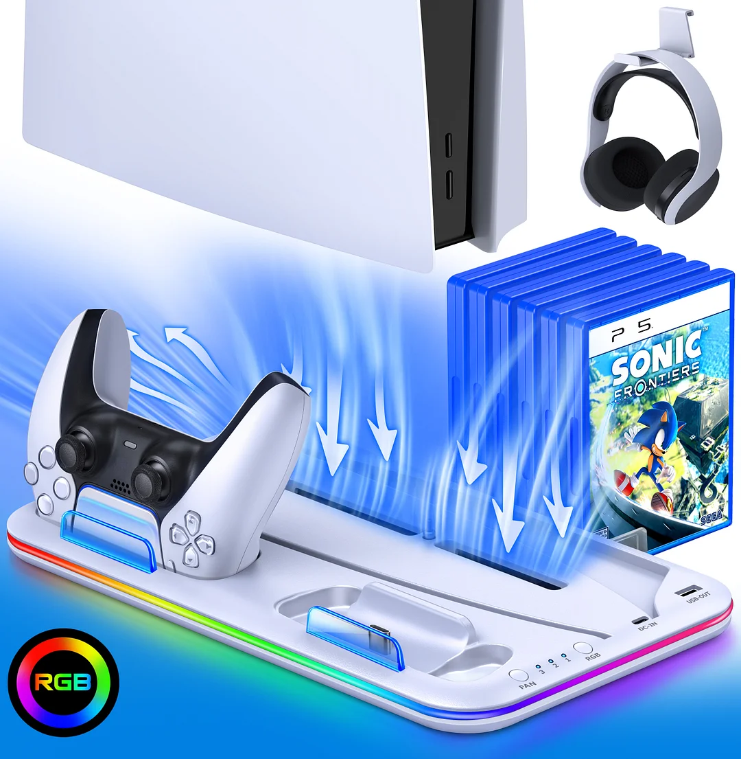DinoFire PS5 Cooling Station with RGB PS5 Vertical Stand with Suction Cooling Fan for Playstation 5 Accessories,PS5 Controller Charger with Dual Charging Station & Headset Holder-White