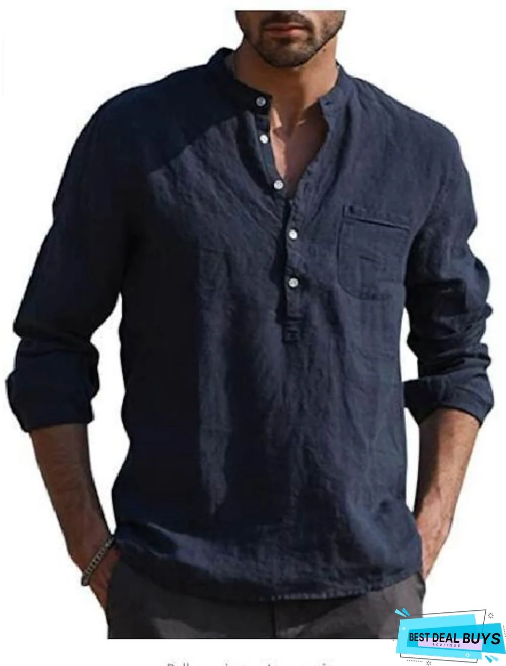 Men's Shirt Solid Color Pocket Long Sleeve Street Tops Cotton Casual Breathable Daily Henley V Neck Light Blue Wine Red Gray / Beach Linen