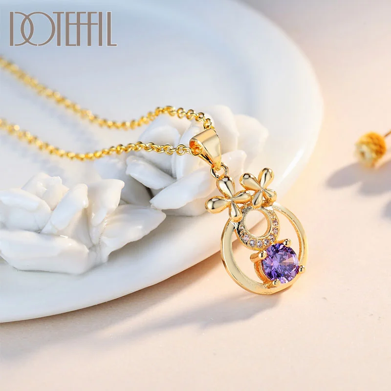 DOTEFFIL 925 Sterling Silver Gold Purple Crystal AAA Zircon Necklace For Women Jewelry