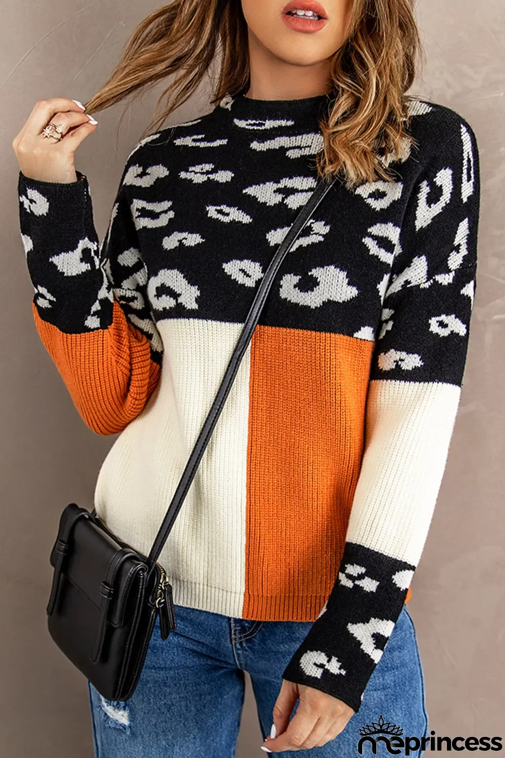 Leopard Colorblock Mock Neck Sweater