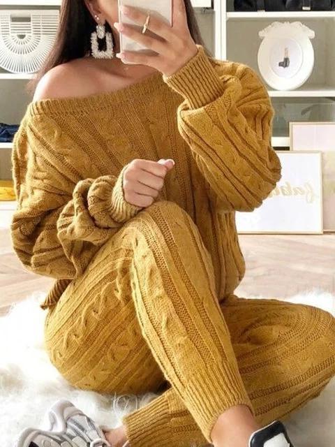 Women's Stylish Round Neck Two Piece Casual Warm Knit Wear Suit Sets