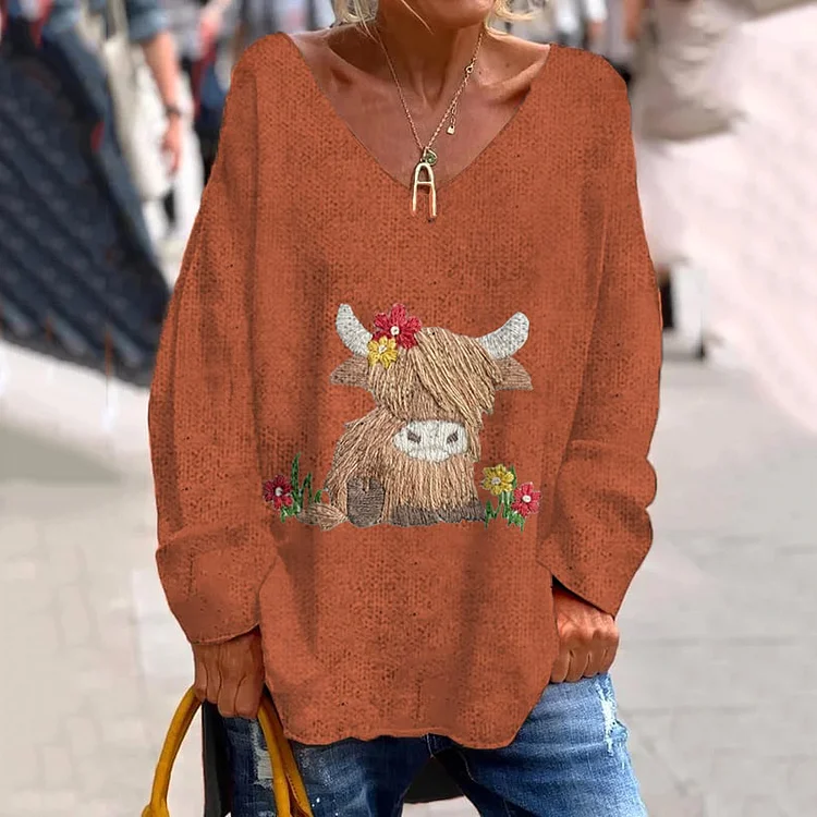 Utbros Cute Highland Cow Pattern V-Neck Loose T-Shirt