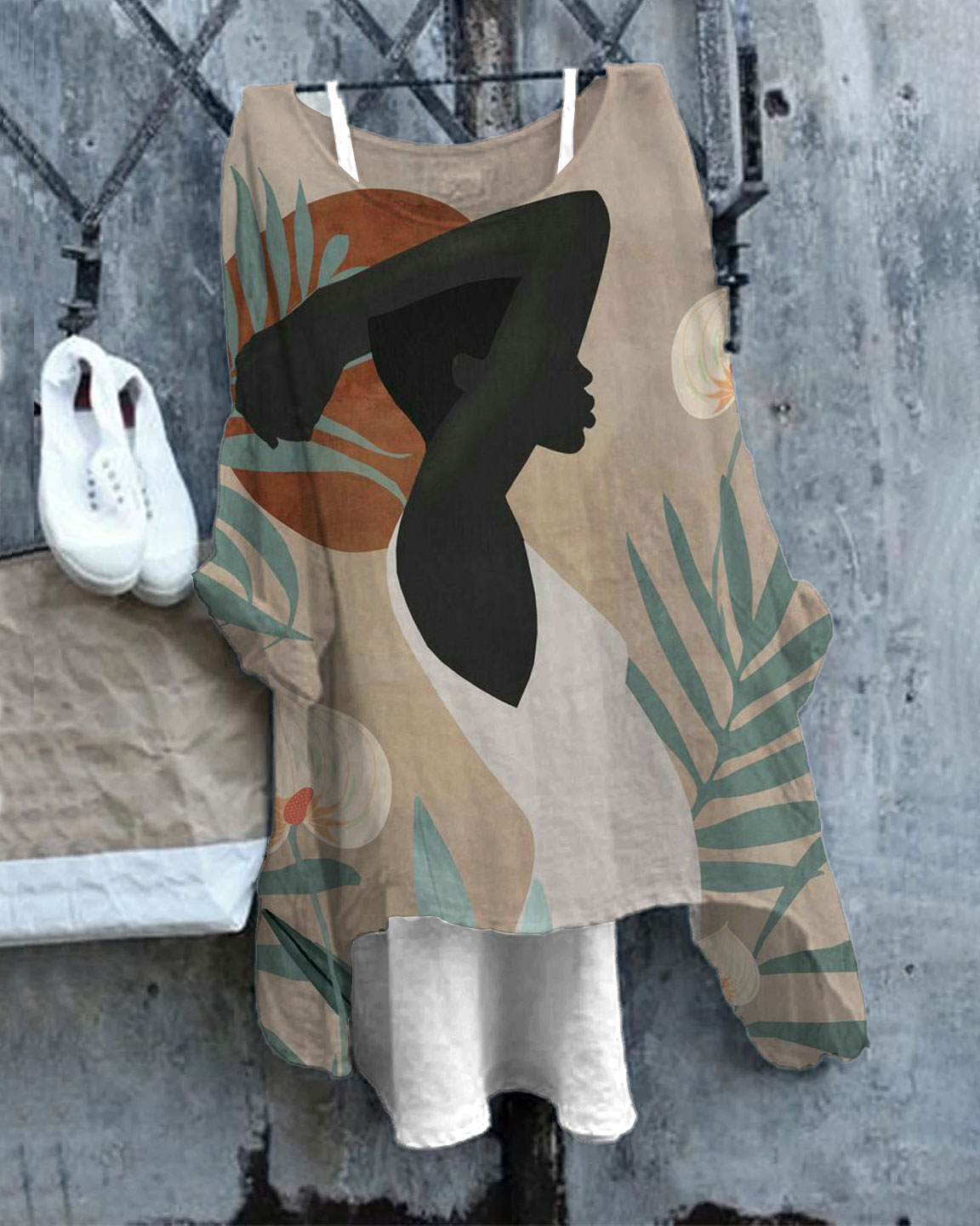 Women's Vintage Black Girl Painting Print Linen Blend Flowy Tunic
