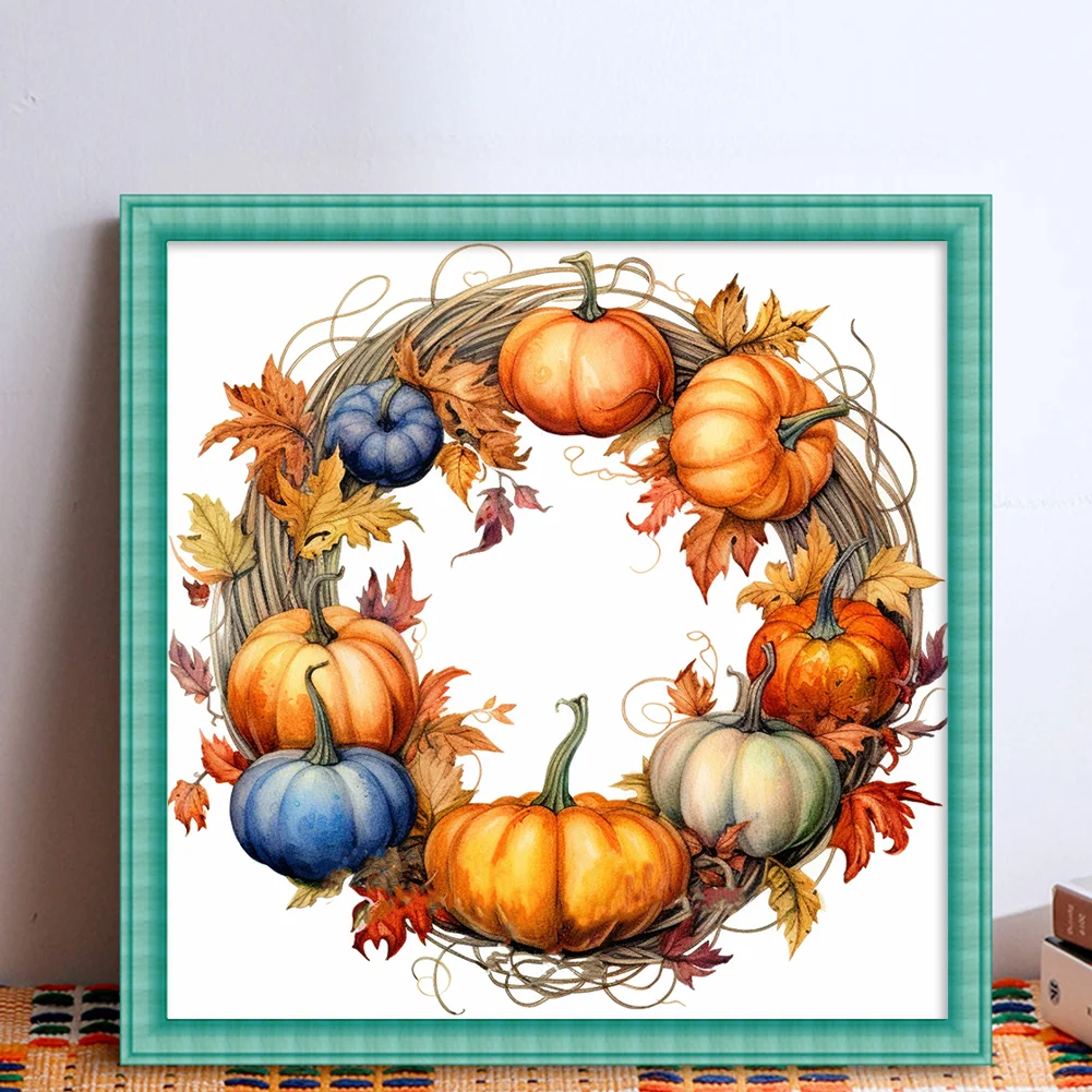 DIY Stamped Cross Stitch 11CT Full Embroidery 40*40cm - Fall Pumpkin Wreath