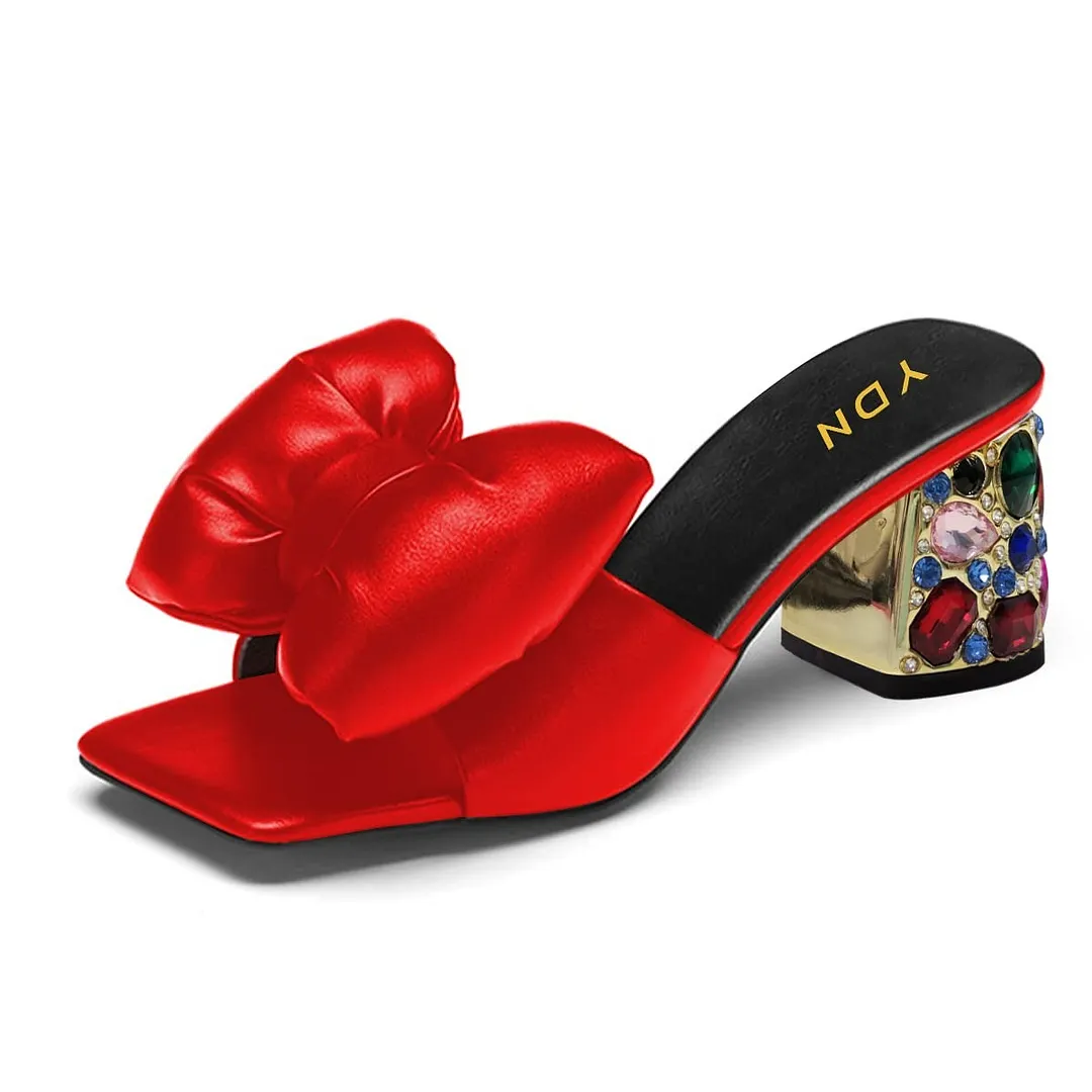 Red Faux Leather Cute Bow Slip On Rhinestone Mules for Women
