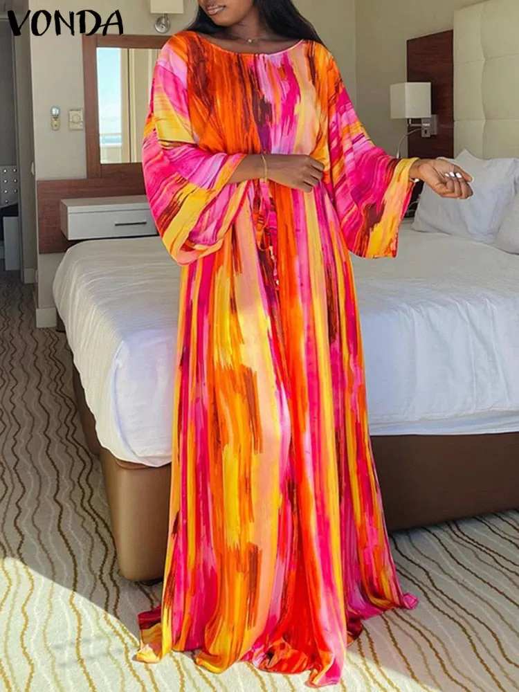 VONDA Elegant Summer Maxi Dress 2022 Women Sundress Vintage Printed Holiday Party Dress Belted Vestidos Oversized