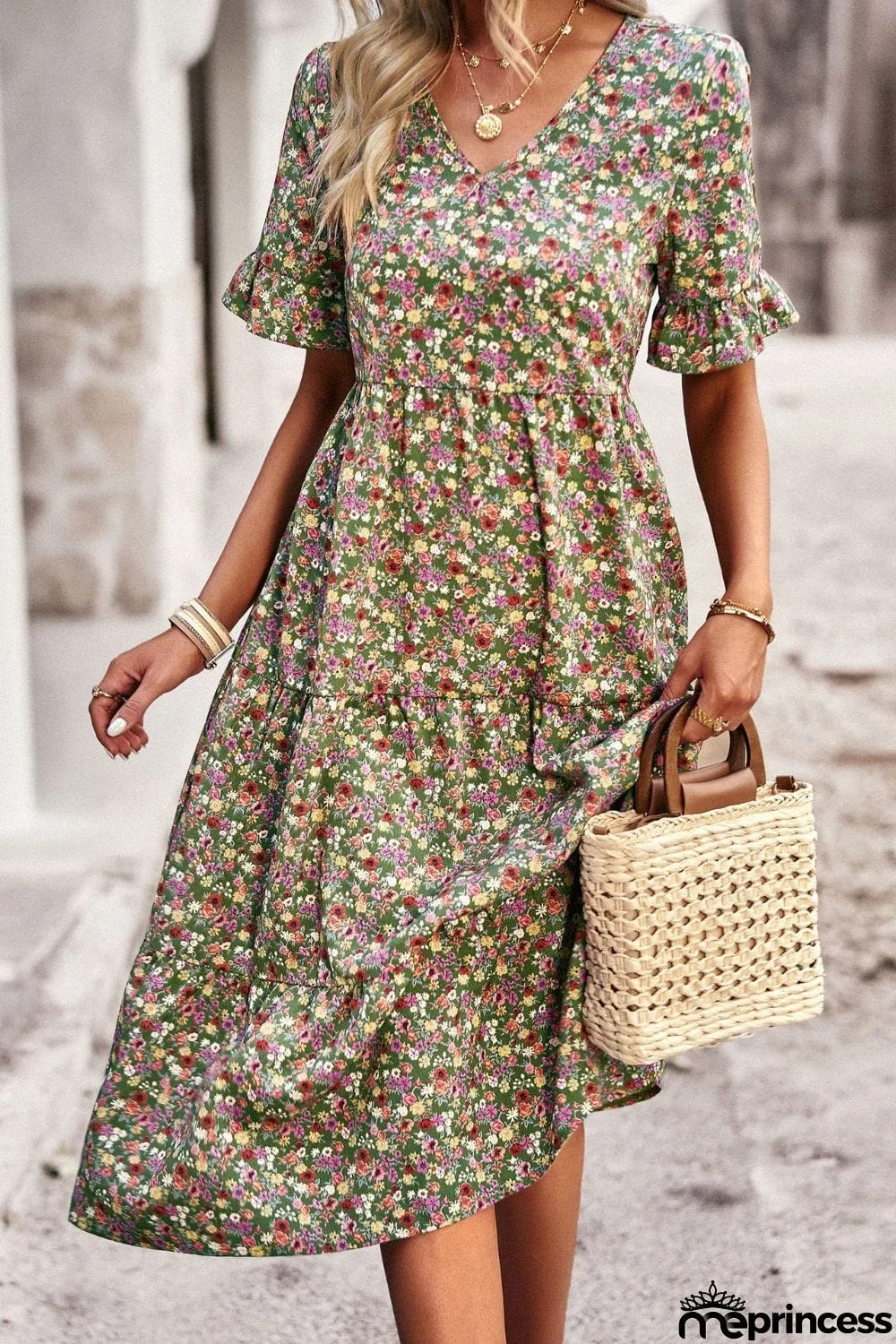 Floral V-Neck Flounce Sleeve Midi Dress
