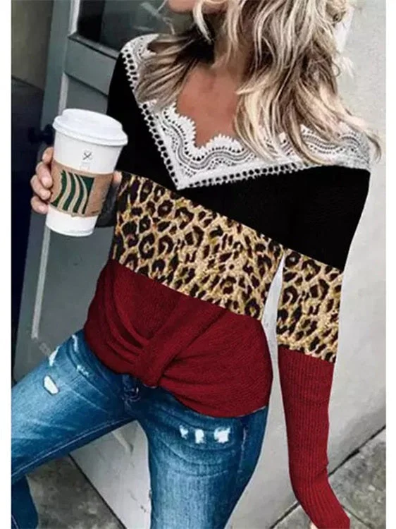 Women's V-neck Long Sleeve Lace Stitching Printed Top