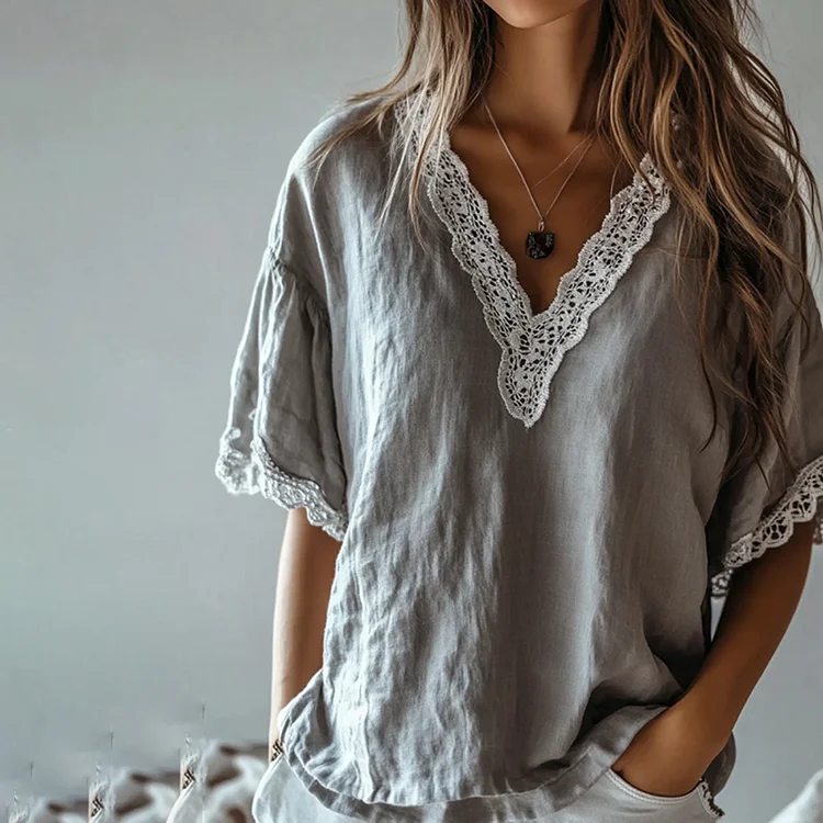 Vintage Lace Art Cotton Linen Comfy Short Sleeve Shirt