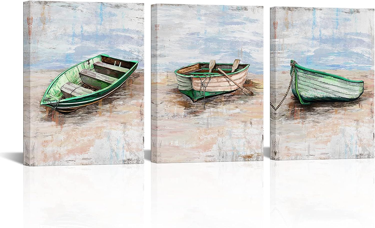 KLVOS Boat Painting Wall Art Abstract Coastal Beach Canvas Pictures Prints Turquoise Framed Nautical Artwork for Bathroom for Living Room Bedroom Home Decoration 12x16inchx3PCS Green