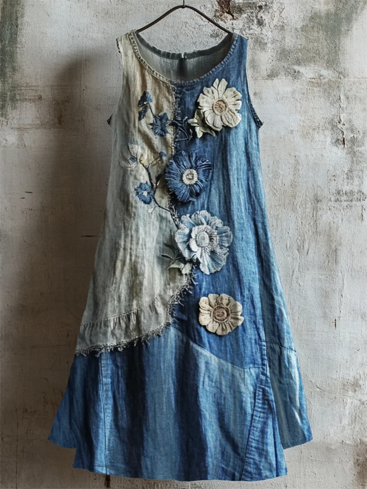 Flowers Denim Textile Inspired Print Linen Tank Dress