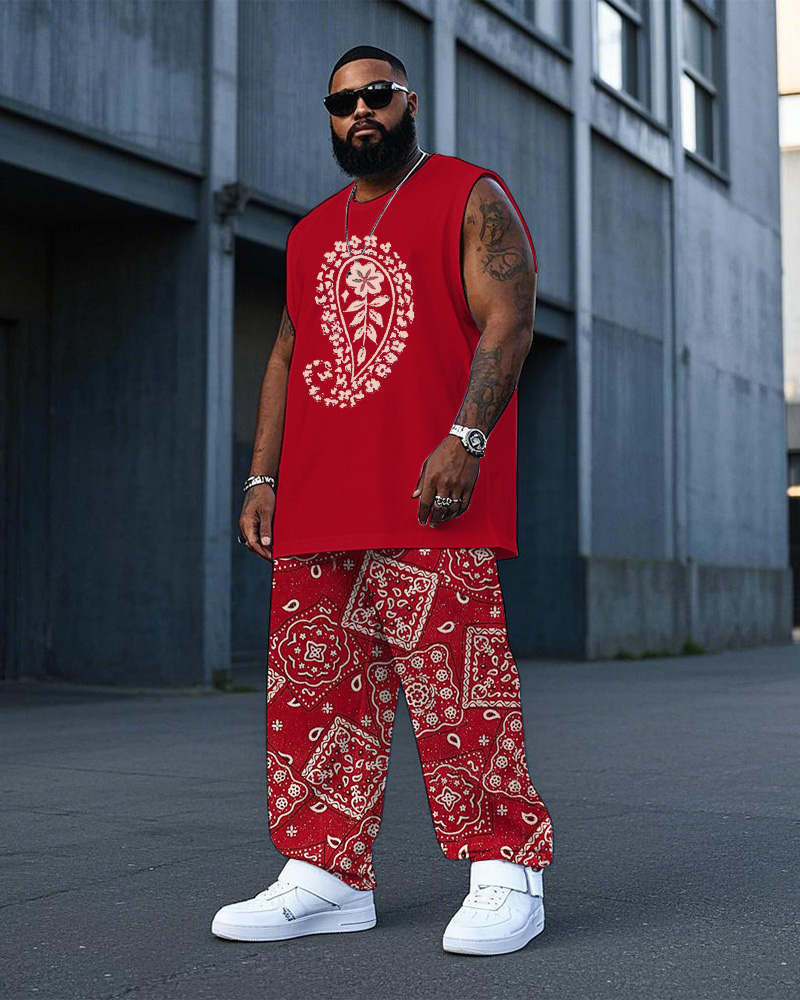 Men's Plus Size Red Paisley Print Tank Trousers Suit