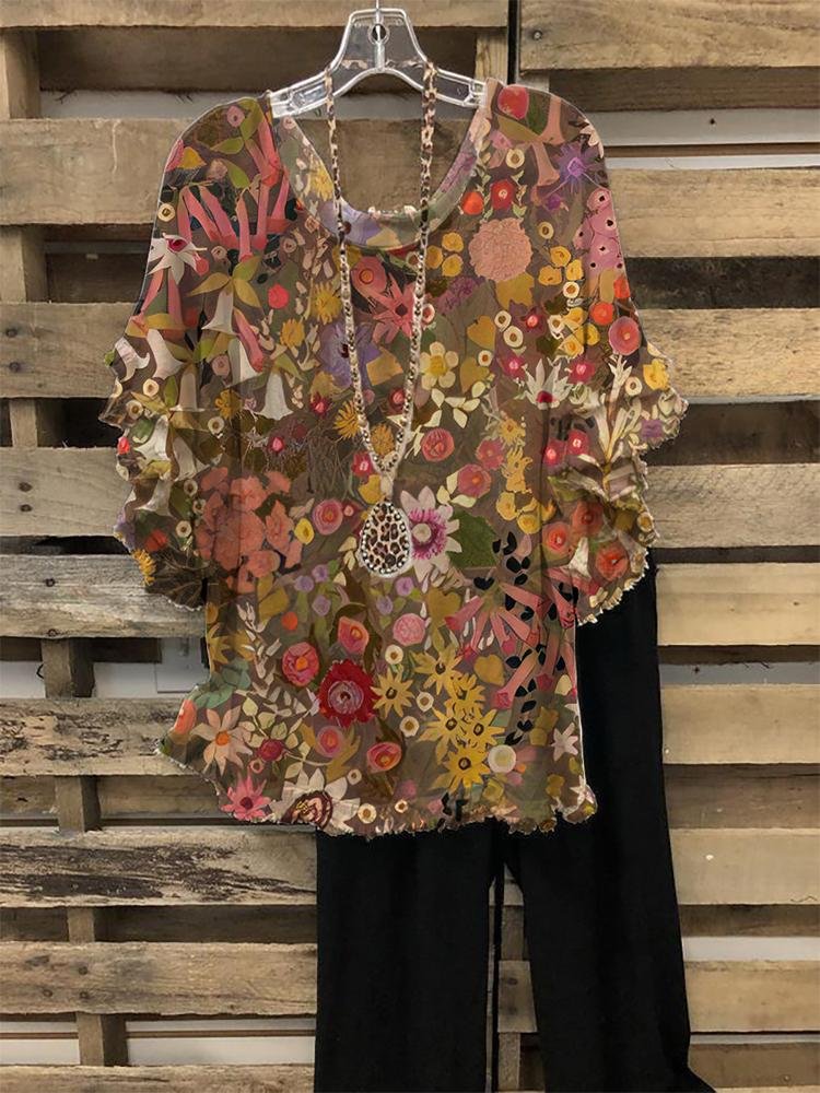 Women's Casual Fashion Floral Print Round Neck Half-sleeve T-shirt
